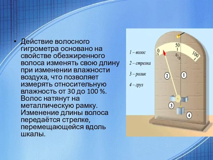 Действие волосного гигрометра основано на свойстве обезжиренного волоса изменять свою длину