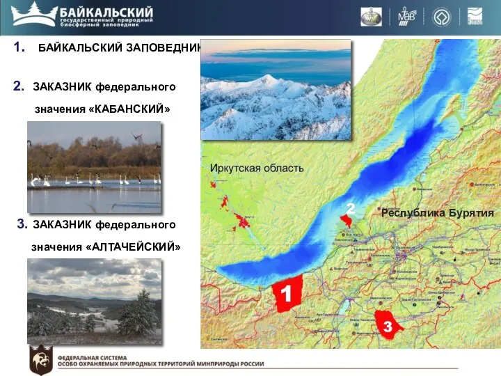 1. БАЙКАЛЬСКИЙ ЗАПОВЕДНИК Республика Бурятия 2. ЗАКАЗНИК федерального значения «КАБАНСКИЙ» 3. ЗАКАЗНИК федерального значения «АЛТАЧЕЙСКИЙ»