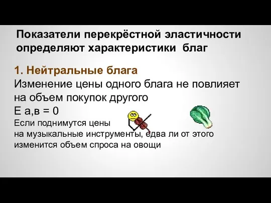 Показатели перекрёстной эластичности определяют характеристики благ 1. Нейтральные блага Изменение цены