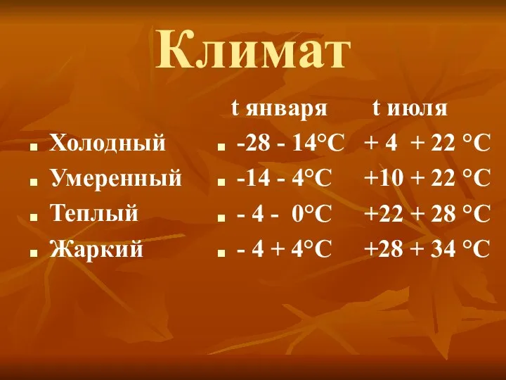 Климат Холодный Умеренный Теплый Жаркий t января t июля -28 -
