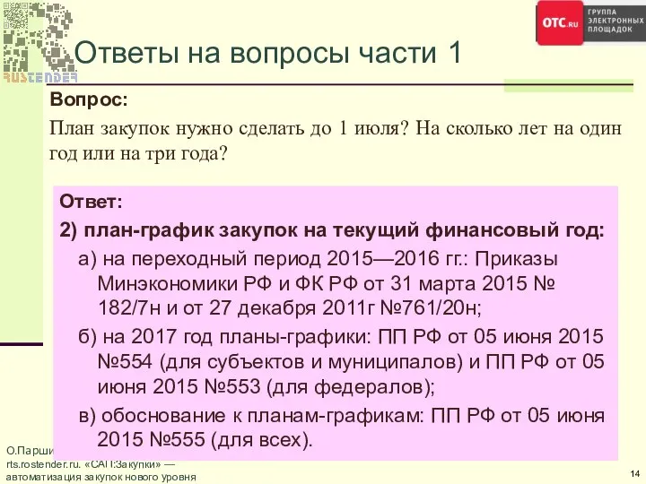 Ответы на вопросы части 1 Вопрос: План закупок нужно сделать до