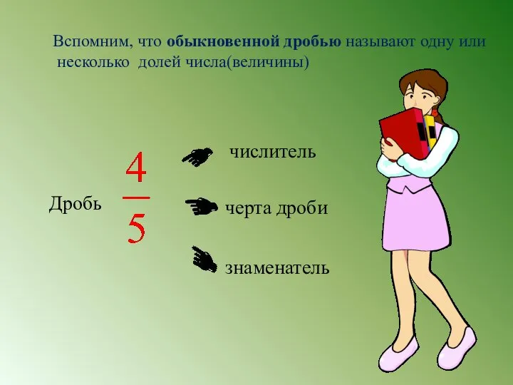 Вспомним, что обыкновенной дробью называют одну или несколько долей числа(величины) Дробь числитель черта дроби знаменатель