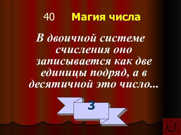 40 Магия числа В двоичной системе счисления оно записывается как две