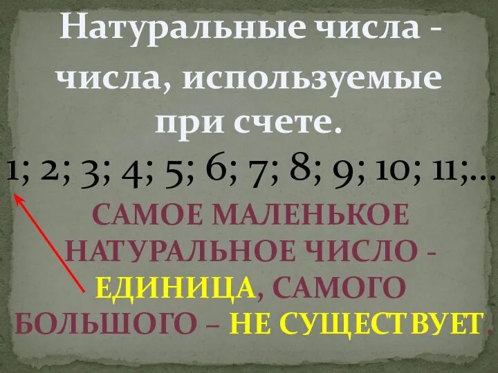 Натуральные числа - числа, используемые при счете. 1; 2; 3; 4;