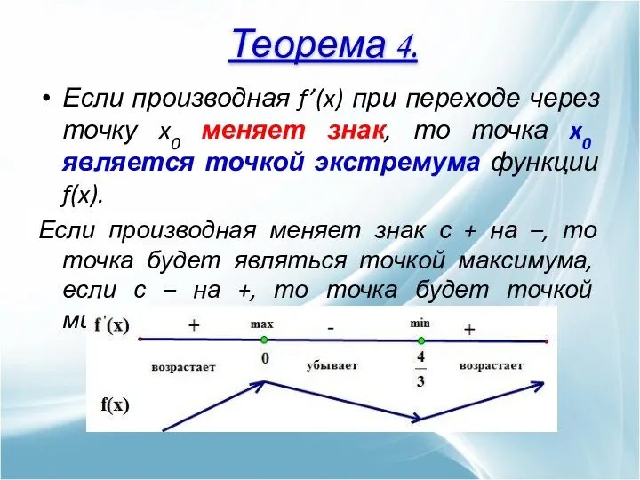 Если производная f’(x) при переходе через точку x0 меняет знак, то