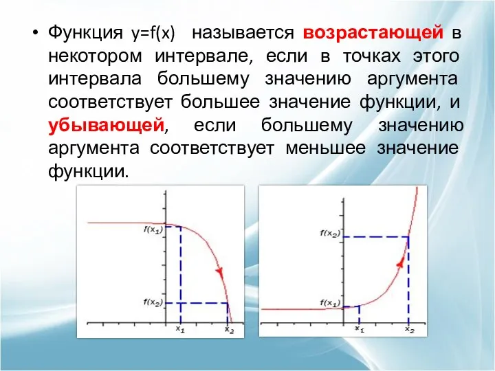 Функция y=f(x) называется возрастающей в некотором интервале, если в точках этого