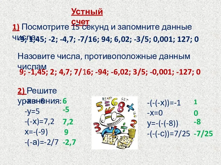 Устный счет 1) Посмотрите 15 секунд и запомните данные числа: -9;