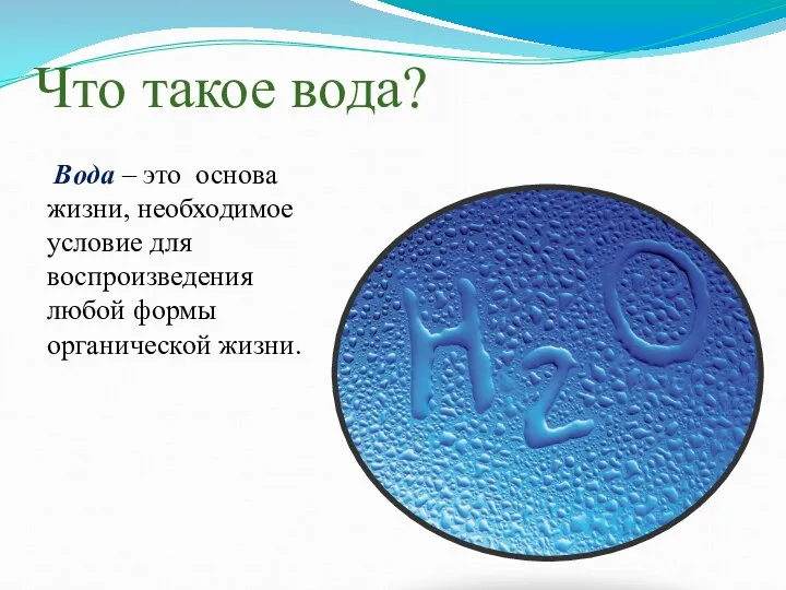 Что такое вода? Вода – это основа жизни, необходимое условие для воспроизведения любой формы органической жизни.