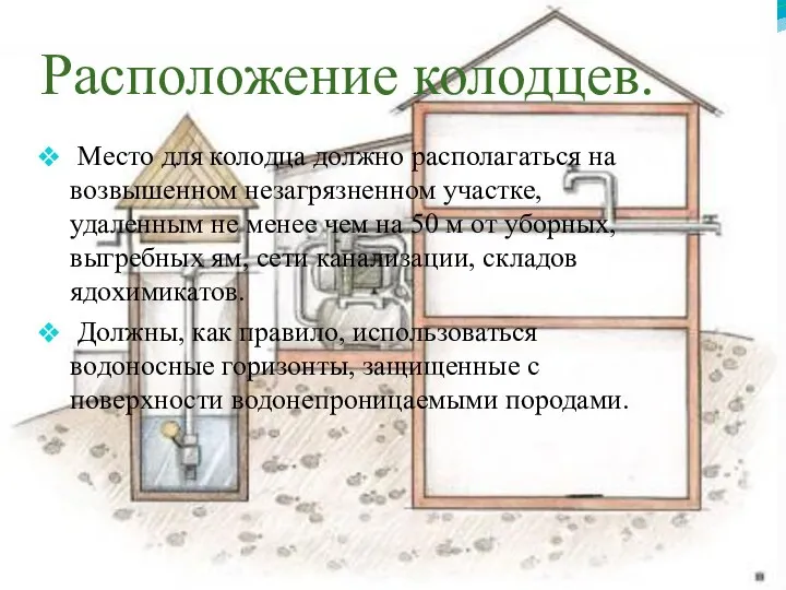 Расположение колодцев. Место для колодца должно располагаться на возвышенном незагрязненном участке,