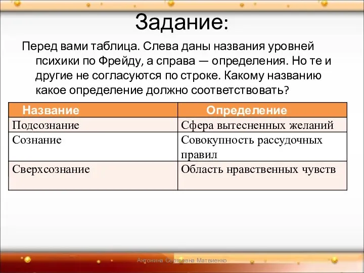 Задание: Перед вами таблица. Слева даны названия уровней психики по Фрейду,