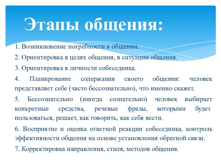 1. Возникновение потребности в общении. 2. Ориентировка в целях общения, в