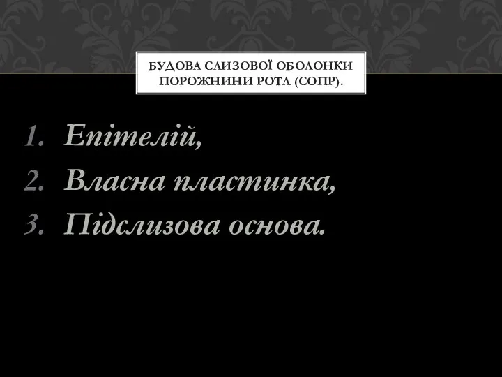 Епітелій, Власна пластинка, Підслизова основа. БУДОВА СЛИЗОВОЇ ОБОЛОНКИ ПОРОЖНИНИ РОТА (СОПР).