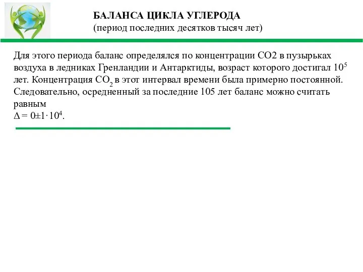 БАЛАНСА ЦИКЛА УГЛЕРОДА (период последних десятков тысяч лет) Для этого периода