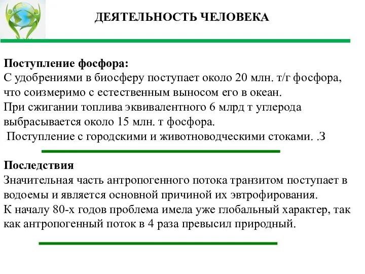 Поступление фосфора: С удобрениями в биосферу поступает около 20 млн. т/г