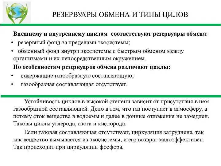 РЕЗЕРВУАРЫ ОБМЕНА И ТИПЫ ЦИЛОВ Внешнему и внутреннему циклам соответствуют резервуары