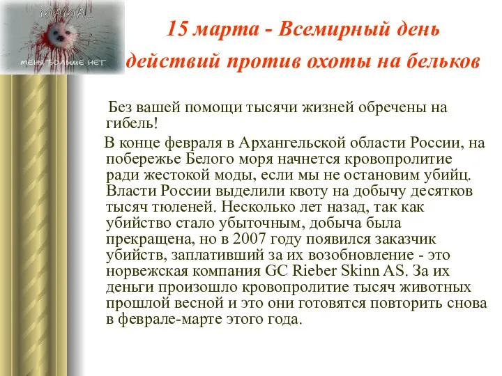15 марта - Всемирный день действий против охоты на бельков Без
