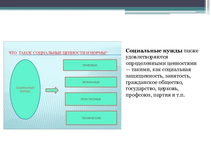 Социальные нужды также удовлетворяются определенными ценностями — такими, как социальная защищенность,