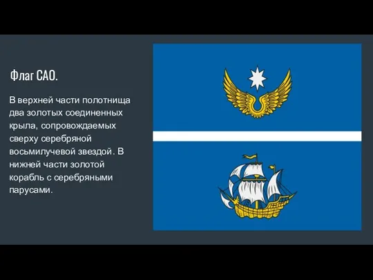 Флаг САО. В верхней части полотнища два золотых соединенных крыла, сопровождаемых