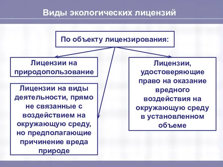 Виды экологических лицензий По объекту лицензирования: Лицензии на природопользование Лицензии, удостоверяющие