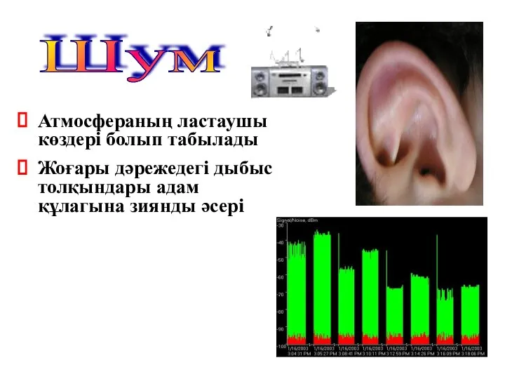 Атмосфераның ластаушы көздері болып табылады Жоғары дәрежедегі дыбыс толқындары адам құлагына зиянды әсері Шум