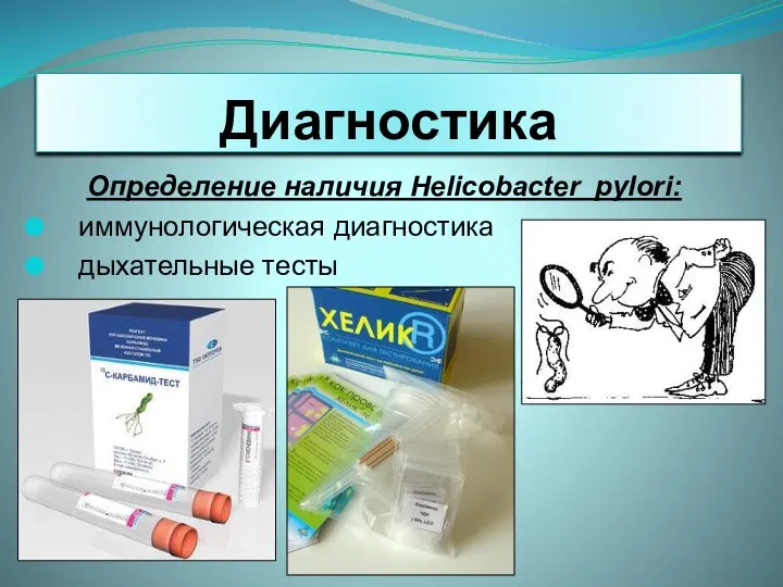 Диагностика Определение наличия Неlicobacter pylori: иммунологическая диагностика дыхательные тесты