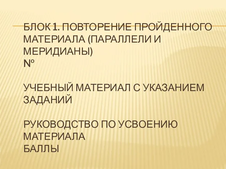 БЛОК 1. ПОВТОРЕНИЕ ПРОЙДЕННОГО МАТЕРИАЛА (ПАРАЛЛЕЛИ И МЕРИДИАНЫ) № УЧЕБНЫЙ МАТЕРИАЛ