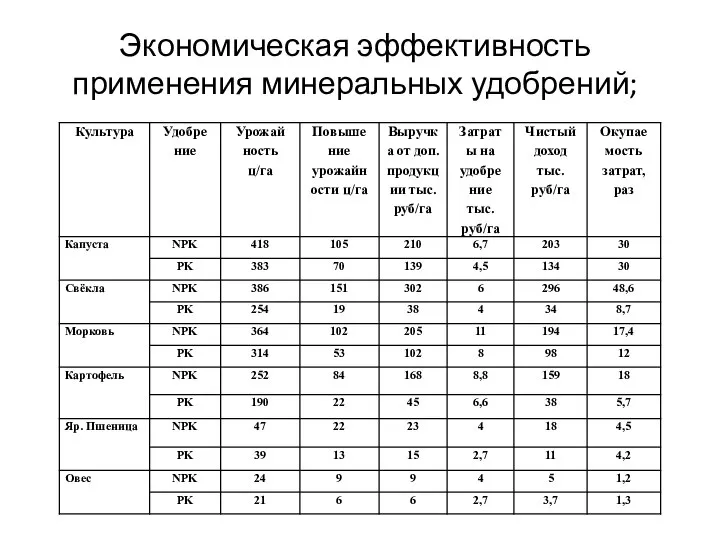 Экономическая эффективность применения минеральных удобрений;