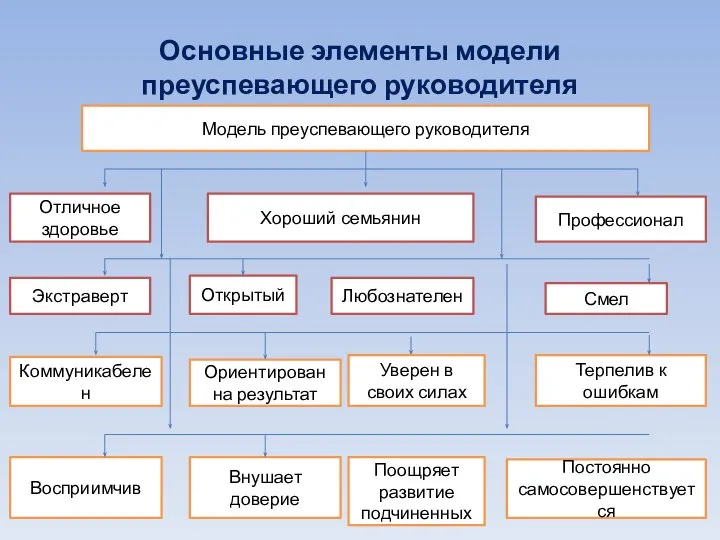 Основные элементы модели преуспевающего руководителя Модель преуспевающего руководителя Отличное здоровье Хороший