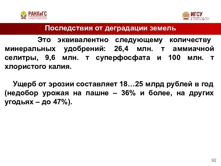 Последствия от деградации земель Это эквивалентно следующему количеству минеральных удобрений: 26,4