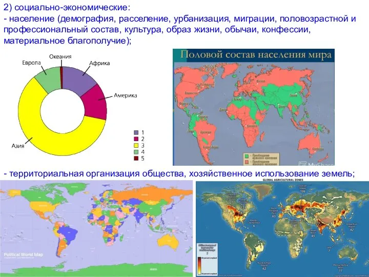 2) социально-экономические: - население (демография, расселение, урбанизация, миграции, половозрастной и профессиональный