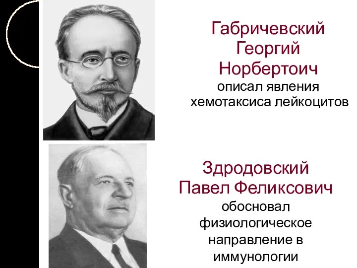 Габричевский Георгий Норбертоич описал явления хемотаксиса лейкоцитов Здродовский Павел Феликсович обосновал физиологическое направление в иммунологии