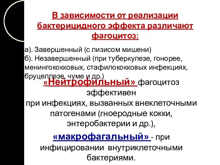 «Нейтрофильный» фагоцитоз эффективен при инфекциях, вызванных внеклеточными патогенами (гноеродные кокки, энтеробактерии