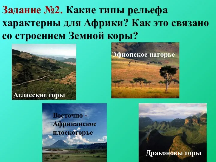 Задание №2. Какие типы рельефа характерны для Африки? Как это связано