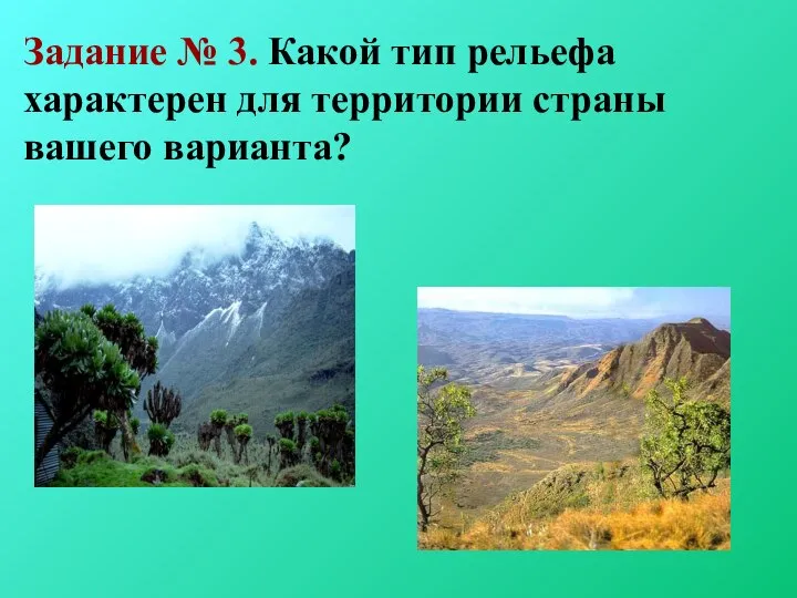 Задание № 3. Какой тип рельефа характерен для территории страны вашего варианта?