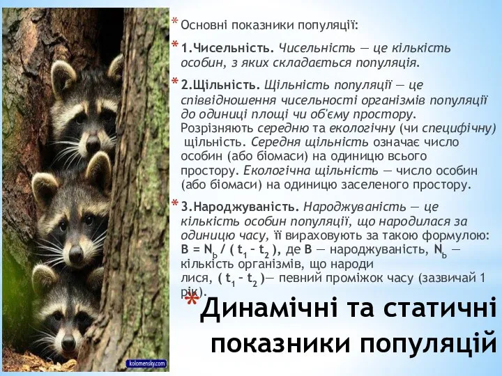 Динамічні та статичні показники популяцій Основні показники популяції: 1.Чисельність. Чисельність —