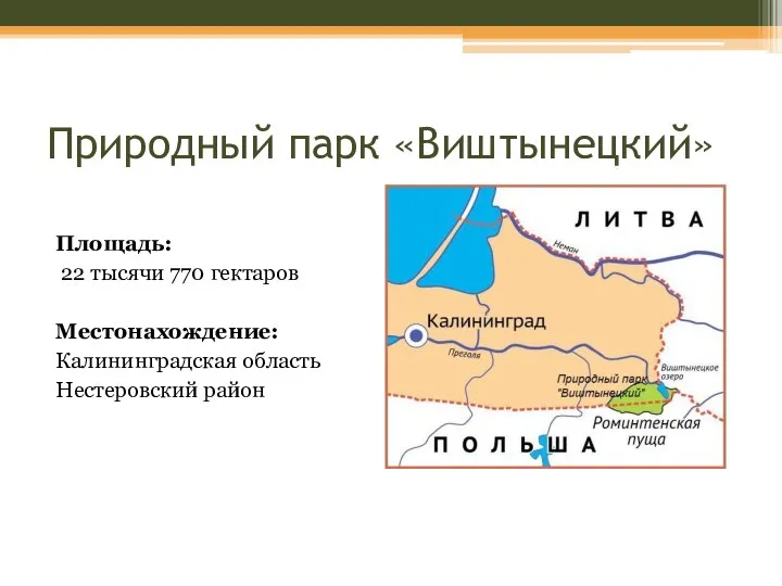 Природный парк «Виштынецкий» Площадь: 22 тысячи 770 гектаров Местонахождение: Калининградская область Нестеровский район