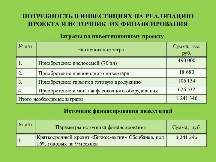 ПОТРЕБНОСТЬ В ИНВЕСТИЦИЯХ НА РЕАЛИЗАЦИЮ ПРОЕКТА И ИСТОЧНИК ИХ ФИНАНСИРОВАНИЯ Затраты