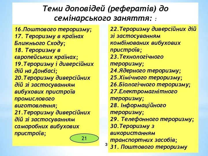 22.Тероризму диверсійних дій зі застосуванням комбінованих вибухових пристроїв; 23.Технологічного тероризму; 24.Ядерного