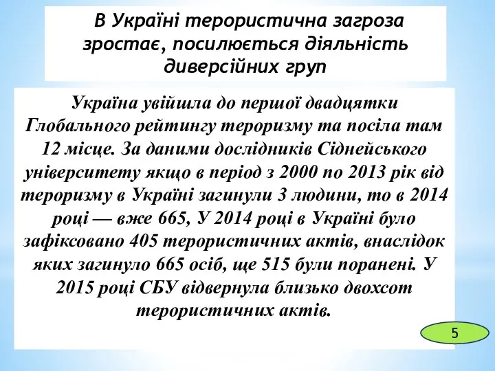 Україна увійшла до першої двадцятки Глобального рейтингу тероризму та посіла там