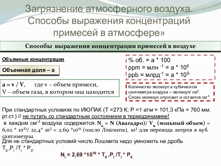 Загрязнение атмосферного воздуха. Способы выражения концентраций примесей в атмосфере» Способы выражения