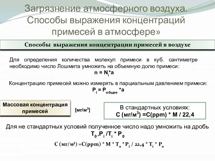 Загрязнение атмосферного воздуха. Способы выражения концентраций примесей в атмосфере» Способы выражения