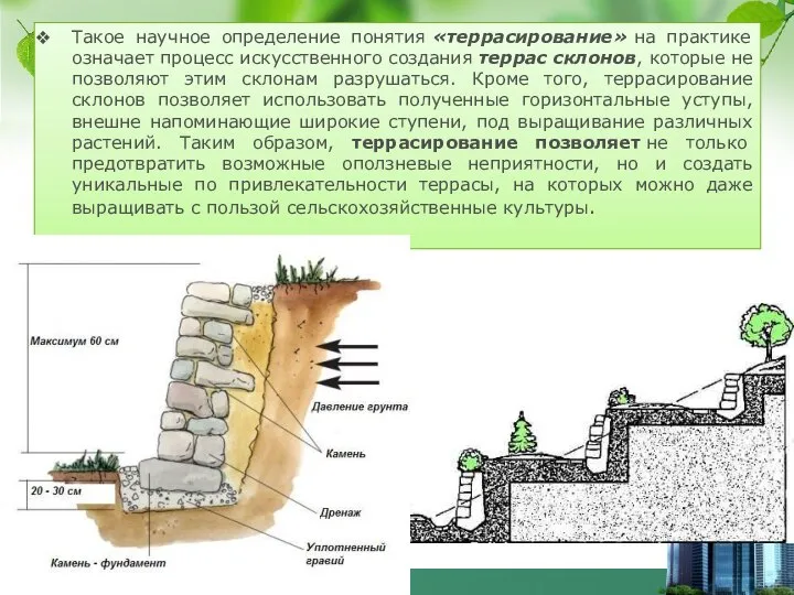 Такое научное определение понятия «террасирование» на практике означает процесс искусственного создания