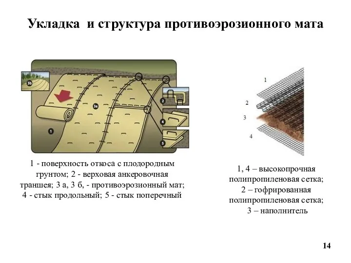 Укладка и структура противоэрозионного мата 1 - поверхность откоса с плодородным