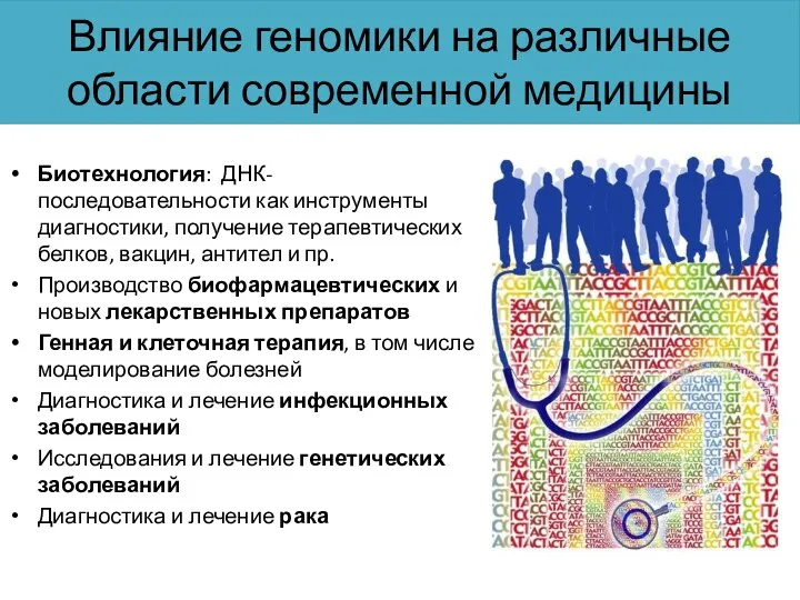 Влияние геномики на различные области современной медицины Биотехнология: ДНК-последовательности как инструменты