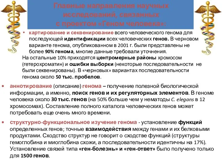 Главные направления научных исследований, связанных с проектом «Геном человека»: аннотирование (описание)