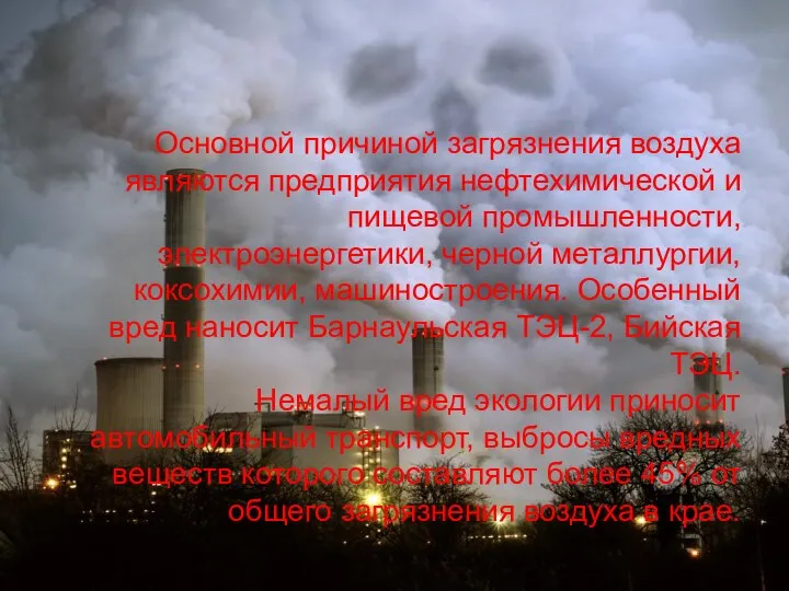 Основной причиной загрязнения воздуха являются предприятия нефтехимической и пищевой промышленности, электроэнергетики,