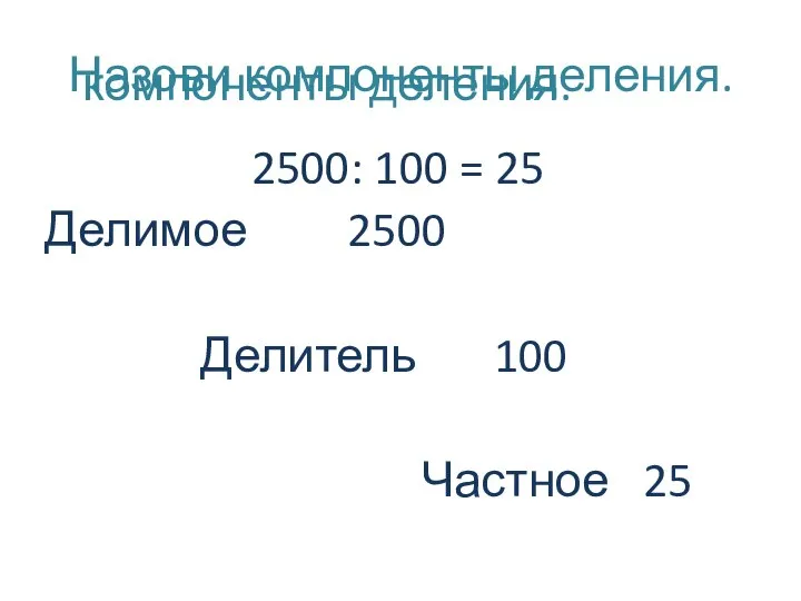 компоненты деления. Назови компоненты деления. 2500: 100 = 25 Делимое 2500 Делитель 100 Частное 25