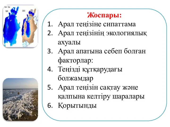 Жоспары: Арал теңізіне сипаттама Арал теңізінің экологиялық ахуалы Арал апатына себеп