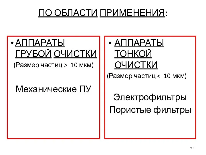 ПО ОБЛАСТИ ПРИМЕНЕНИЯ: АППАРАТЫ ГРУБОЙ ОЧИСТКИ (Размер частиц > 10 мкм)