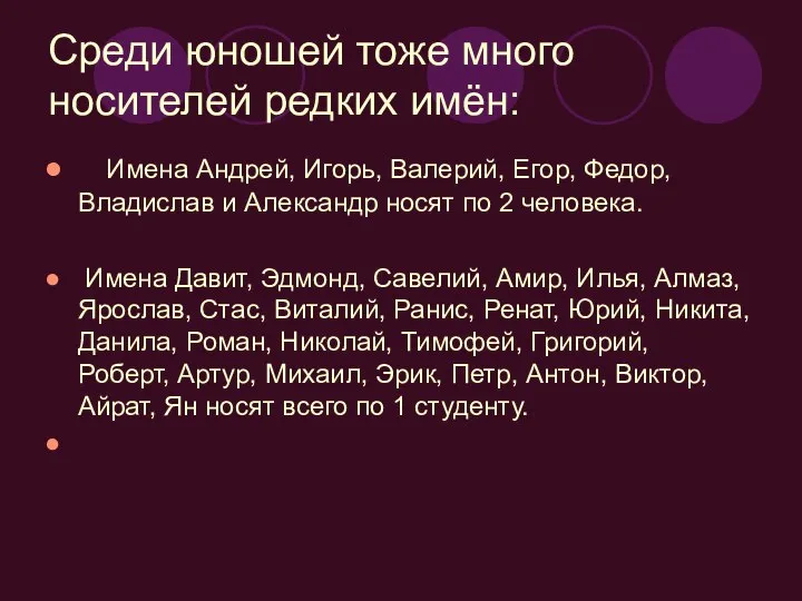 Среди юношей тоже много носителей редких имён: Имена Андрей, Игорь, Валерий,